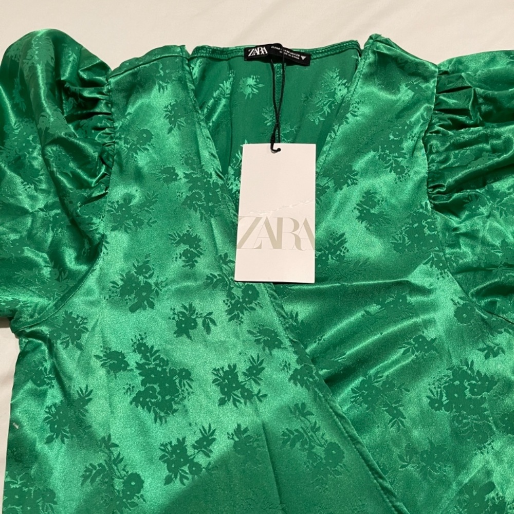Zara Emerald Green Satin Wrap Mini Dress - Picture 4 of 5